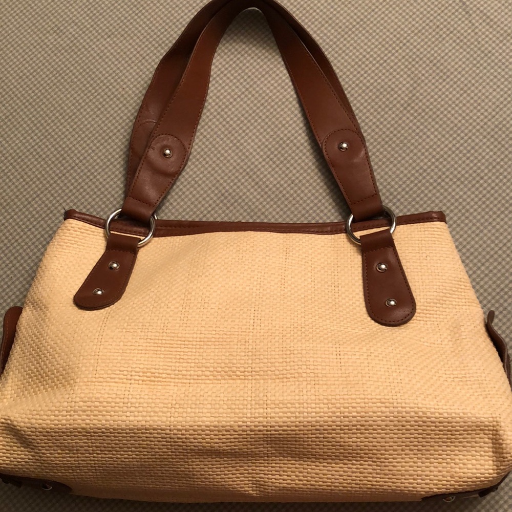 VINTAGE BAG STAW LOOK BROWN FAUX LEATHER TRIM TSC SNAP CLOSURE - #OS012